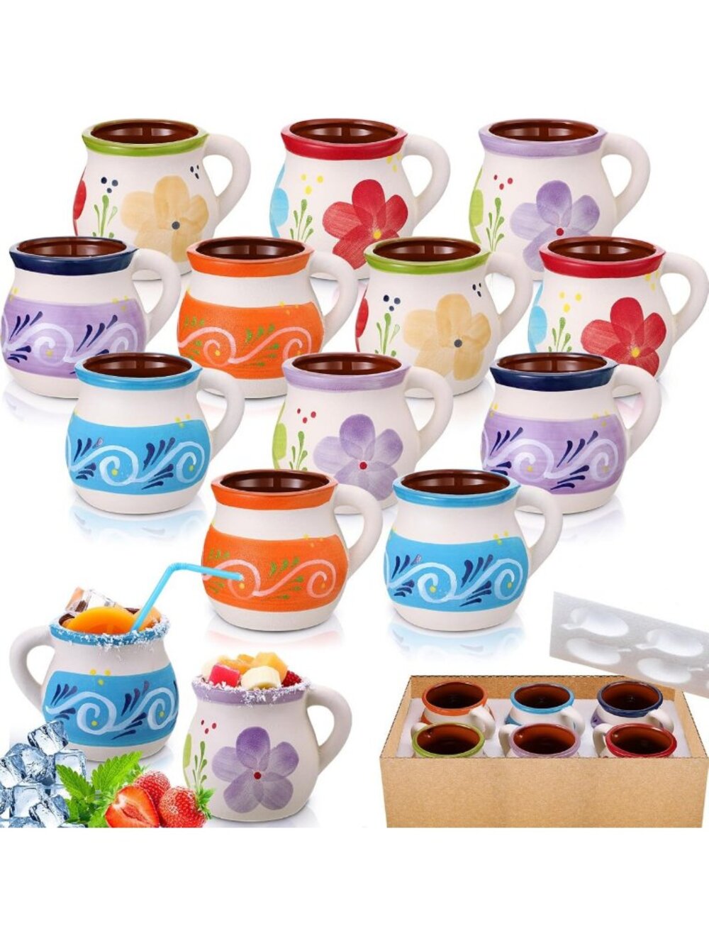 Set of 12 Mexican Terracotta Clay Mugs - 12 oz Handmade Drinkware for Home